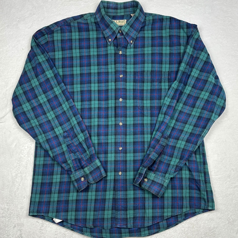 LL‎ Bean Plaid Flannel Shirt Mens Large Teal Blue Red Made in USA Button Down L